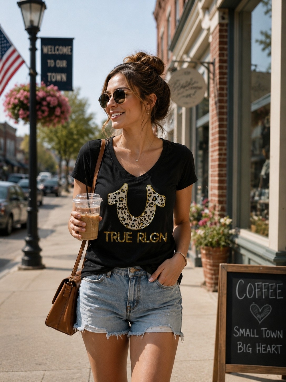True Religion Black V-Neck Tee with Leopard Gold Logo